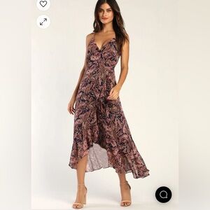 Effortless Days Navy Blue Paisley Print Ruffled Midi Dress - Lulu’s - Size Small